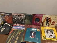 Photo shows a collection of vinyl records against a wall, including Neil Diamond Gold, several Village People albums, a duophonic album, an album with a pink and blue cover, and Pal Joey soundtrack.
