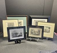 Photo showing all six framed lithograph prints arranged together, some framed in black and others in light wood frames, all with glass covers.