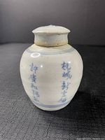 Front view of vintage white porcelain medicine pot with blue Chinese characters on sides.