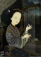 Close-up of eglomise painting showing detailed portrait of lady playing lyre and background elements.