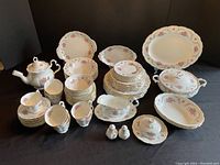 Overview of all plates, bowls, cups, saucers and serving pieces arranged on black cloth