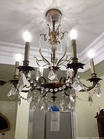 Front view of antique style six-arm chandelier with crystal pendants and candle bulbs lit