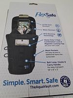 Photo of the Flex Safe storage container packaging showing its features including ultra splash resistant, water resistant, RFID blocking technology, heavy duty 3-digit combination lock, magnetic locking flap, mesh pockets, belt loop and carry handle.