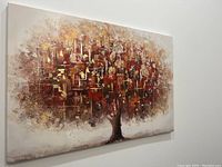 Full view of the modern abstract tree oil painting on canvas hanging on a wall showing overall condition and dimensions (approximate).