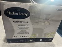 Front of shipping box showing Harbor Breeze Centreville 42-inch indoor ceiling fan, white finish with LED light included.