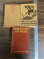 Top view of three books: 'Three Lights from a Match', 'The Fighting Livingstons', 'White Oaks of Jalna' laid on wood surface, showing front covers and condition.