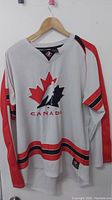 Front view of white men's hockey jersey with red and black striping and Canada Olympic logo on front.