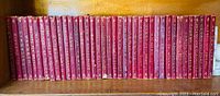 Spine view of all 38 books lined side by side on a wooden shelf showing the burgundy covers with gold decoration and titles.