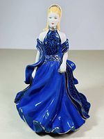 Front view of the Doulton Style Buckingham Classics Chelsea porcelain figurine showing the detailed royal blue gown and figure.