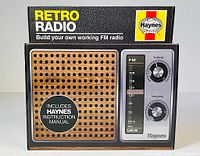 Front of kit box showing retro radio design and Haynes branding, states it includes an instruction manual.