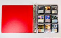 Binder open showing plastic sleeves holding Magic the Gathering cards with landscape and other land-type cards.