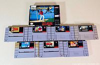 Overview photo showing all 8 SNES game cartridges and Waialae Golf box on white surface
