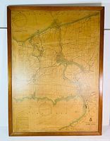 Framed vintage map of Lake Erie and surrounding area, showing full map and frame.