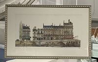 Framed large print showing the entire scene of Quai Voltaire in Paris with buildings, bridge, and riverbank