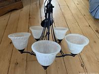 Photo showing black metal ceiling fixture with five frosted glass tulip-shaped shades arranged in a circular pattern around the central mount. The fixture is placed on a wooden floor for scale.