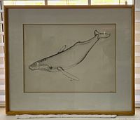 Full framed artwork showing the gray whale in profile, mounted on a window ledge.