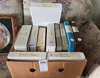 Box with 10 collector plates in original labeled boxes, some marked 'Princess Diana' and artist names like Lena Liu and Kreighoff.