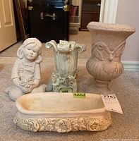 Full lot with kneeling girl figure, tall narrow vase, large urn vase, and rectangular planter