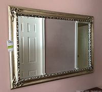 Front view of the large rectangular ornate wall mirror reflecting a door and room interior.