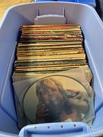 Plastic bin filled with vinyl record sleeves, top view shows two Ozzy Osbourne picture discs.