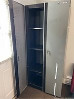 Front view with door open showing cabinet interior and adjustable shelves