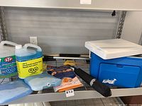 Wide shot of the lot on a metal shelf including windshield fluid containers, cooler, brushes, umbrella.