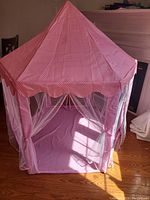 Full view of the pink kids play tent house with mesh curtains and sunlight shining through