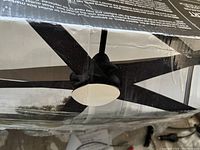 Ceiling fan showing black blades and frosted glass light dome mounted on the fan body.