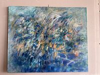 Abstract acrylic painting in blue and other colors, signed by S MacSkimming, displayed on a wall