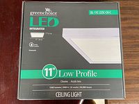Box of Greenchoice LED 11-inch Low Profile Ceiling Light showing model DL-11C-22SC-CH-C, specifications and features.
