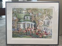 Photo of framed watercolour print showing detailed architectural and floral scene by Elizabeth Berry, limited edition 122/300.