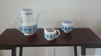 Photo of the Pontesa tea set including teapot, creamer, and sugar bowl with blue circular design on white ceramic.