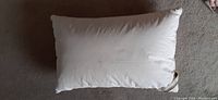 White rectangular down pillow with cotton cover showing slight discoloration, size approximately 25x17 inches