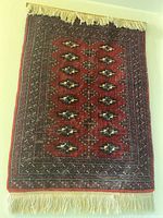 Front view of Persian style hooked wall hanging tapestry showing overall geometric pattern and fringes.