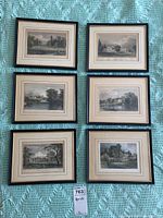 Six framed prints laid out in two columns, three rows, showing variety of countryside scenes with buildings, trees, and water bodies.