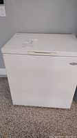 Front view of white Wood's chest freezer