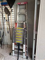 Photo shows four ladders together against a wall next to gardening tools, includes telescopic ladder folded in front, and other ladders stacked behind.
