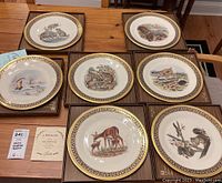 Seven Lenox collectible plates displayed on table with original boxes and certificate of authenticity, featuring various woodland wildlife.