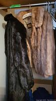 Two fur coats hanging side by side on metal rod