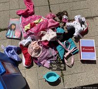 Overview of doll clothing and accessories laid out outside including jackets, hats, plush dog, doll figure, harnesses, and packaging.