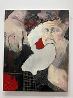 Full view of the original signed surrealist acrylic painting showing the painted figure with hand, face, and abstract background.