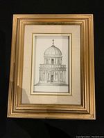 Full view of framed architectural pencil drawing of a domed Italian building showing the entire artwork and frame.