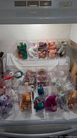 Full display of Beanie Babies in protective cases arranged on shelf and surface.