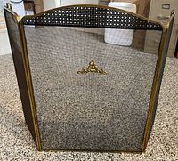 Full view of three-section hinged brass fireplace gate, showing decorative top and mesh screen