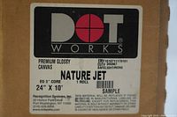 Close-up of the label on the canvas roll box showing brand, product name, dimensions, and details.