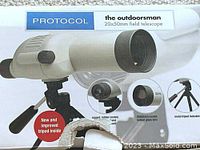 Photo of the product box showing PROTOCOL The Outdoorsman 20x50mm field telescope mounted on a metal tripod with features highlighted.