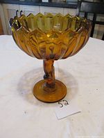 Front view of the brown glass candy dish showing the triangle edged scalloped bowl and the decorative curved stem on a round base.