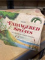 Original box of eight Endangered Species Collection decorated beverage glasses by Brockway, showing front panel with text and nature-themed artwork.