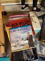 Photo showing vinyl records with distinct album covers including Benny Goodman, Rick Nelson, and various others stacked in and around a carrying case.