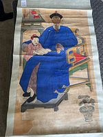 Full view of the hand painted Chinese scroll showing elderly man in blue robe seated with a child in red.